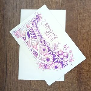 🌻5/$20 Handmade Happy Birthday Floral Zentangle Card- Pink & Purple